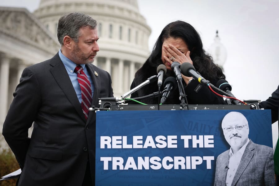 Hanan Elatr Khashoggi, the wife of slain journalist Jamal Khashoggi, becomes emotional as she speaks alongside Rep. Eugene Vindman, D-Va.