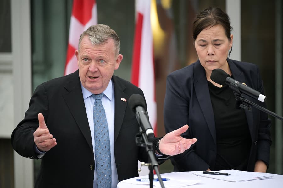 Danish Foreign Minister Lars Løkke Rasmussen and Greenland's Foreign Minister Vivian Motzfeldt speak at the Danish Embassy in Washington on Jan. 14, 2026. 