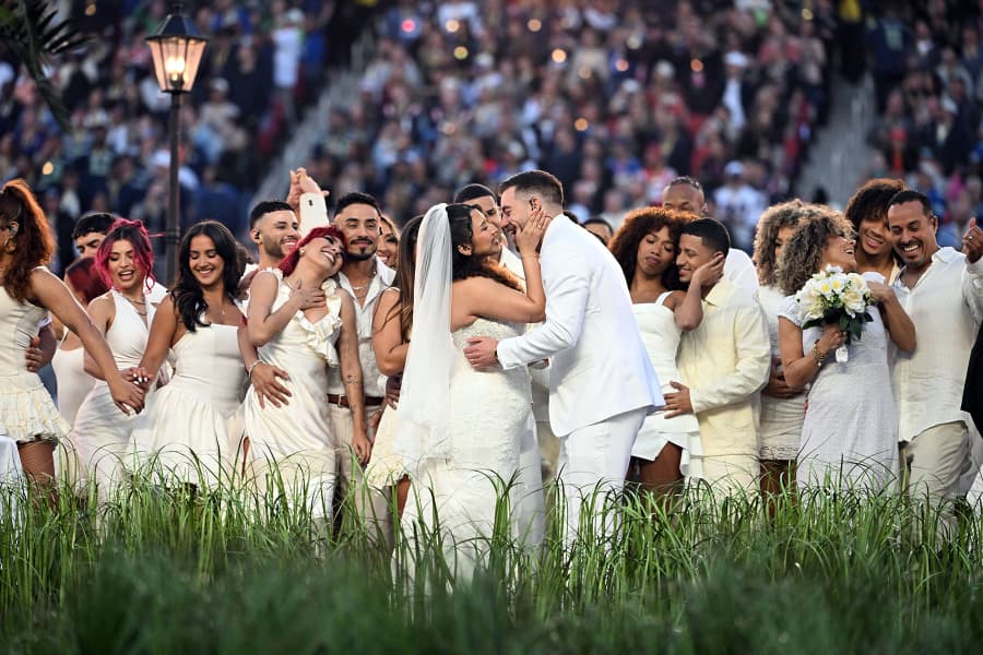 Performers portray a wedding during Puerto Rican singer Bad Bunny' performance at the Super Bowl halftime show on Feb. 8, 2026. 