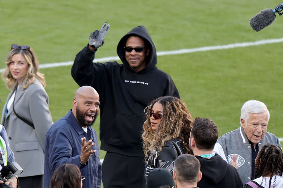 Jay-Z, and his daughter, Blue Ivy Carter, arrive at during the Super Bowl LX at Levi's Stadium on February 08, 2026 in Santa Clara, California. 