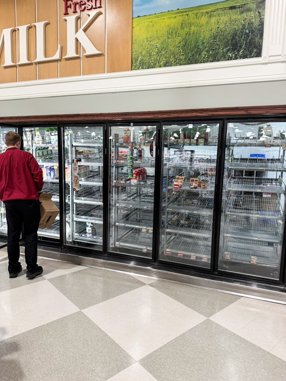 Empty shelves at Harris Teeter in Cary, NC on January 23, 2026.