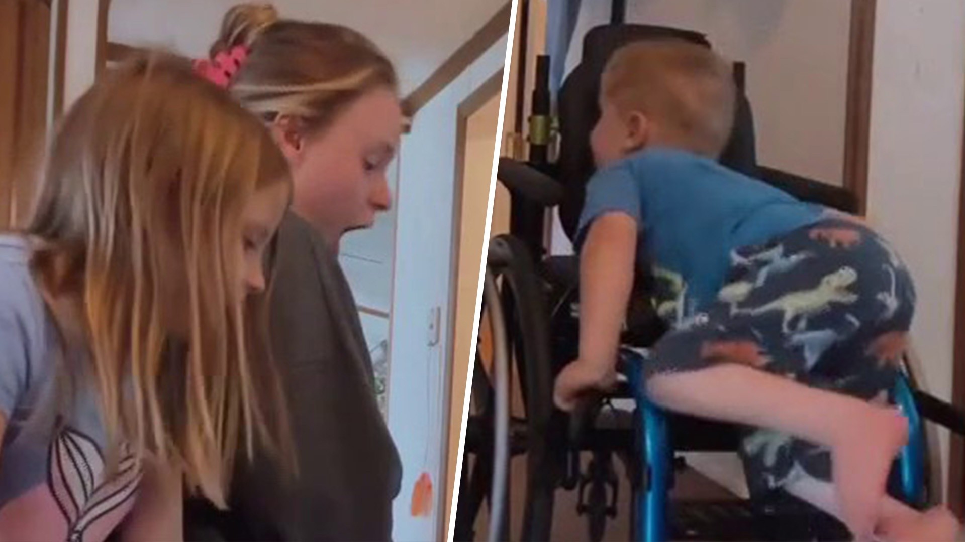 Boy with spina-bifida climbs into wheelchair by himself for first time