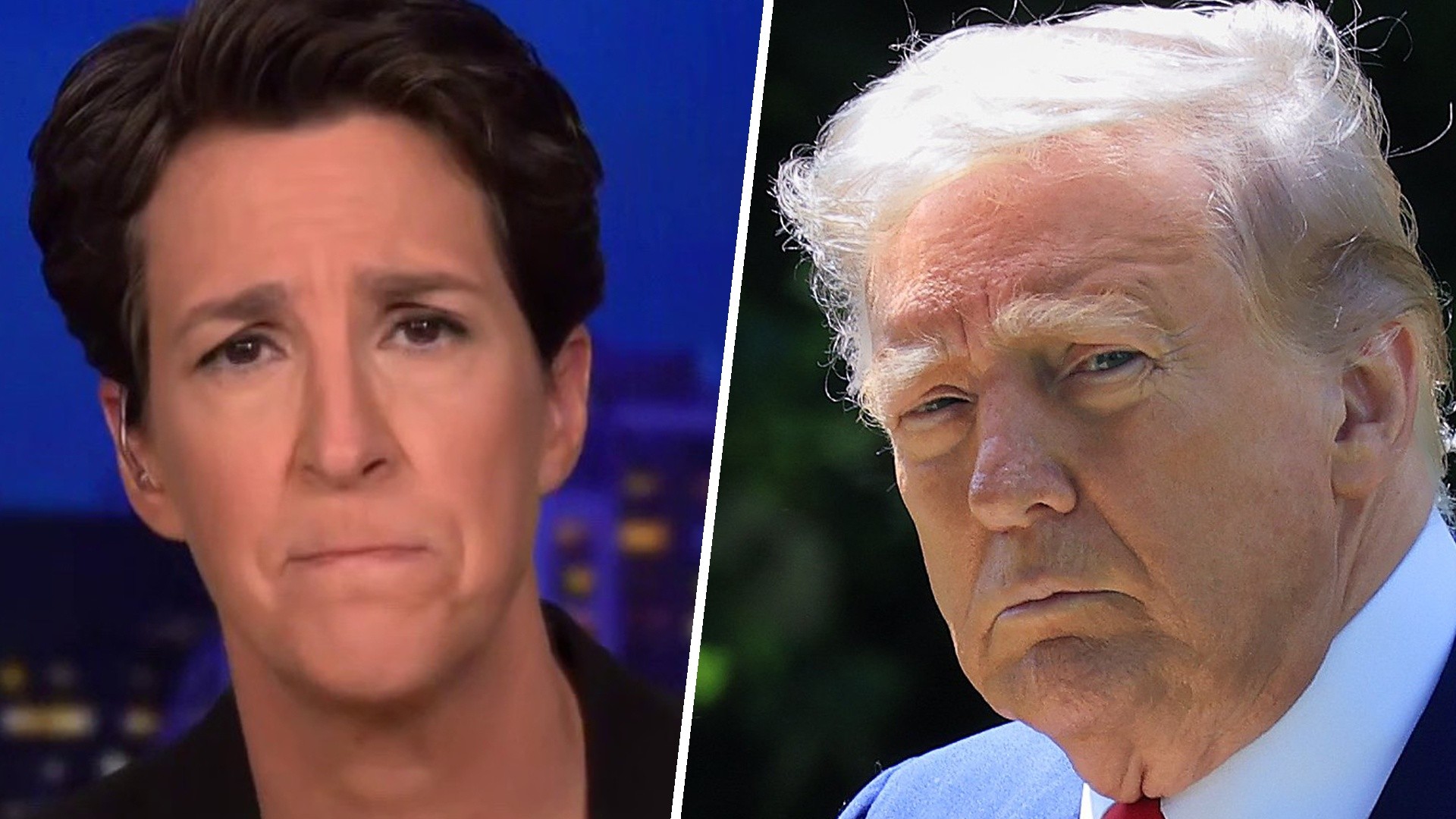 Split of Rachel Maddow and Donald Trump. 