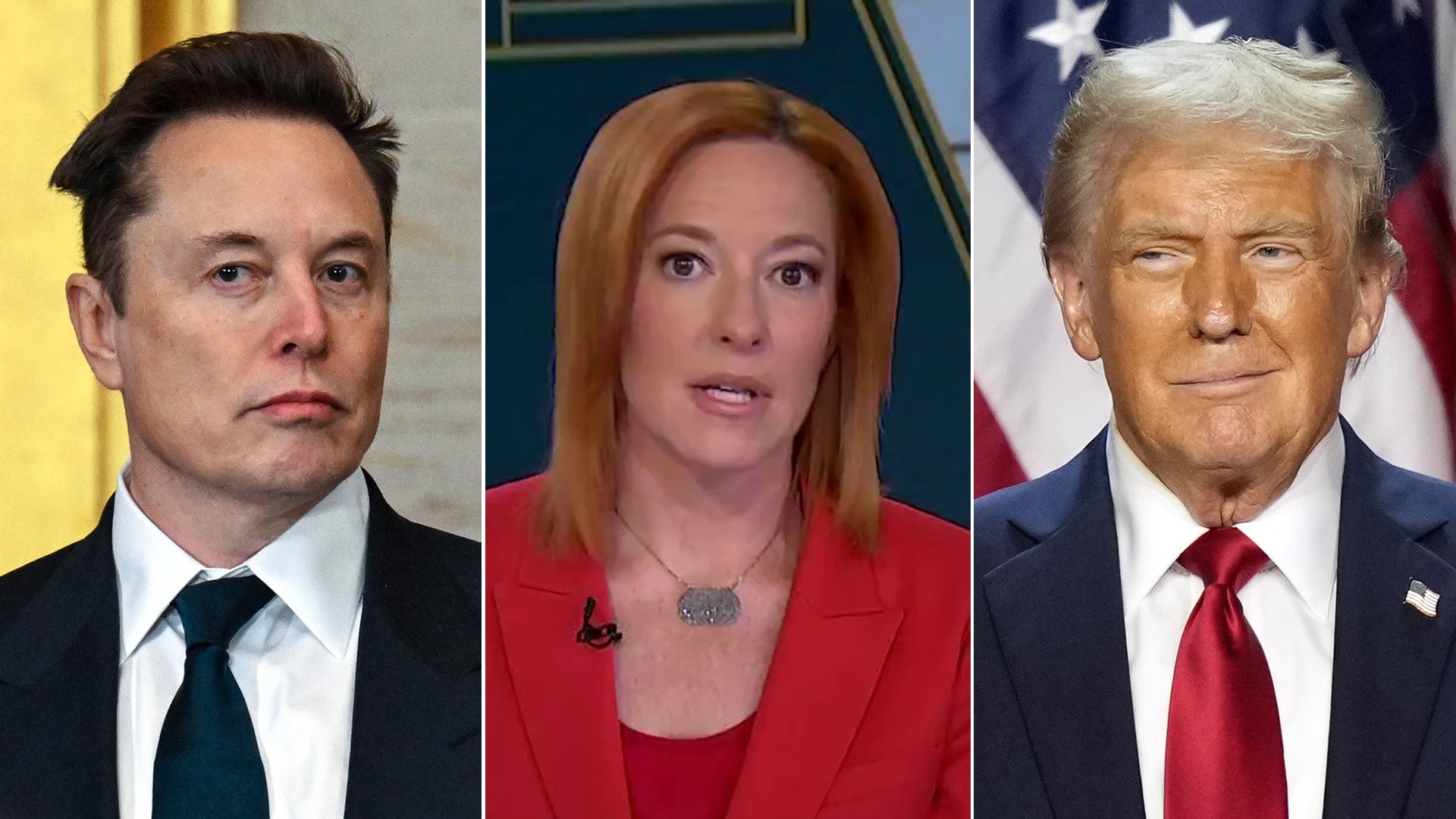 Composite of Elon Musk, Jen Psaki and Donald Trump