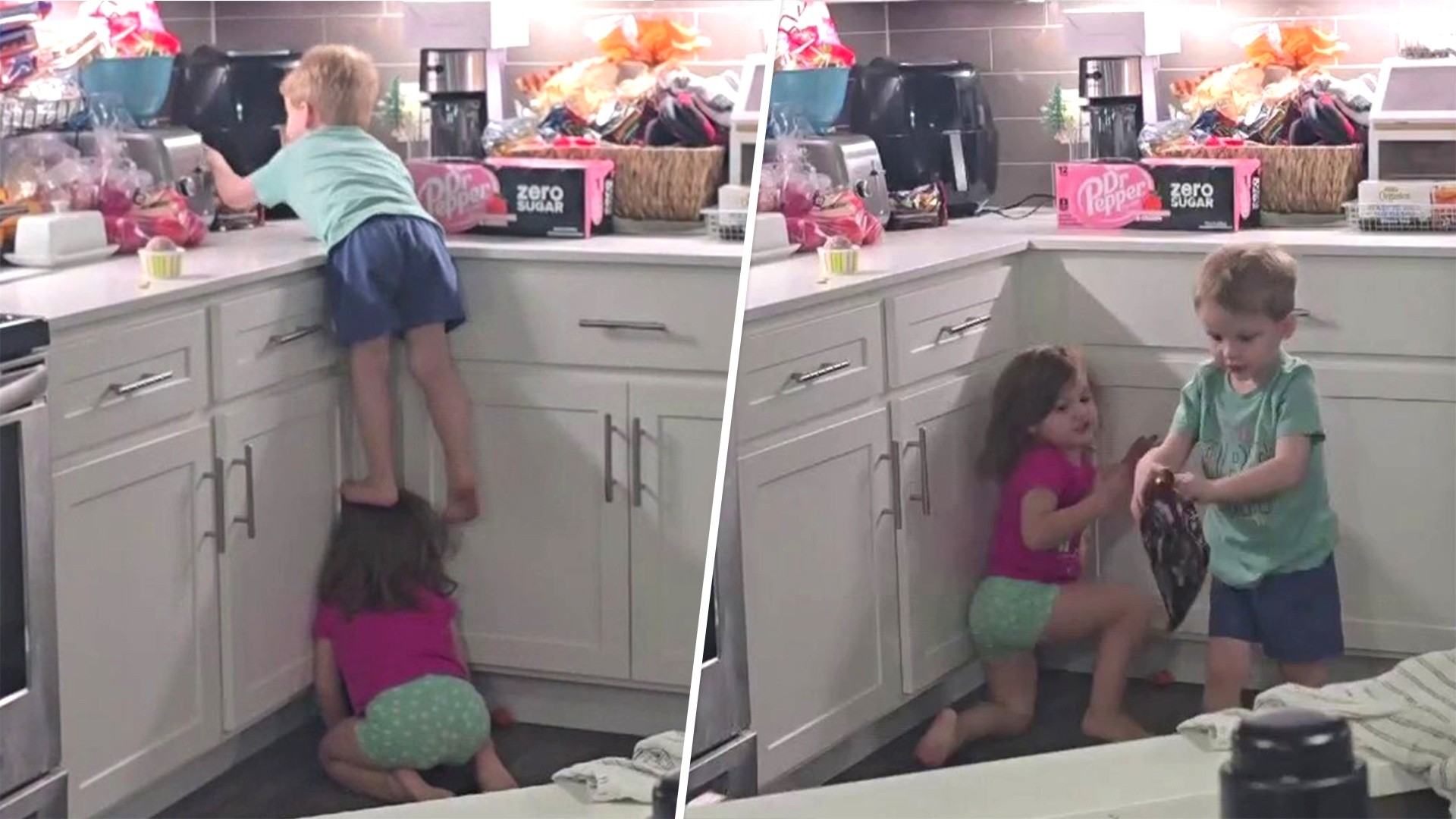 Toddlers Use Their Heads to Reach for Candy on Kitchen Counter