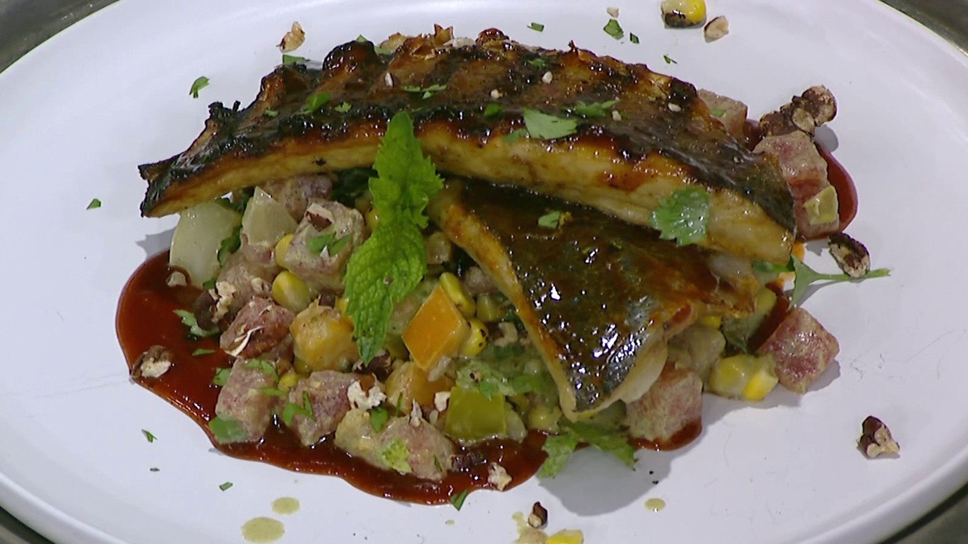 Branzino With Charred Corn and Tomato Salad: Get the Recipe