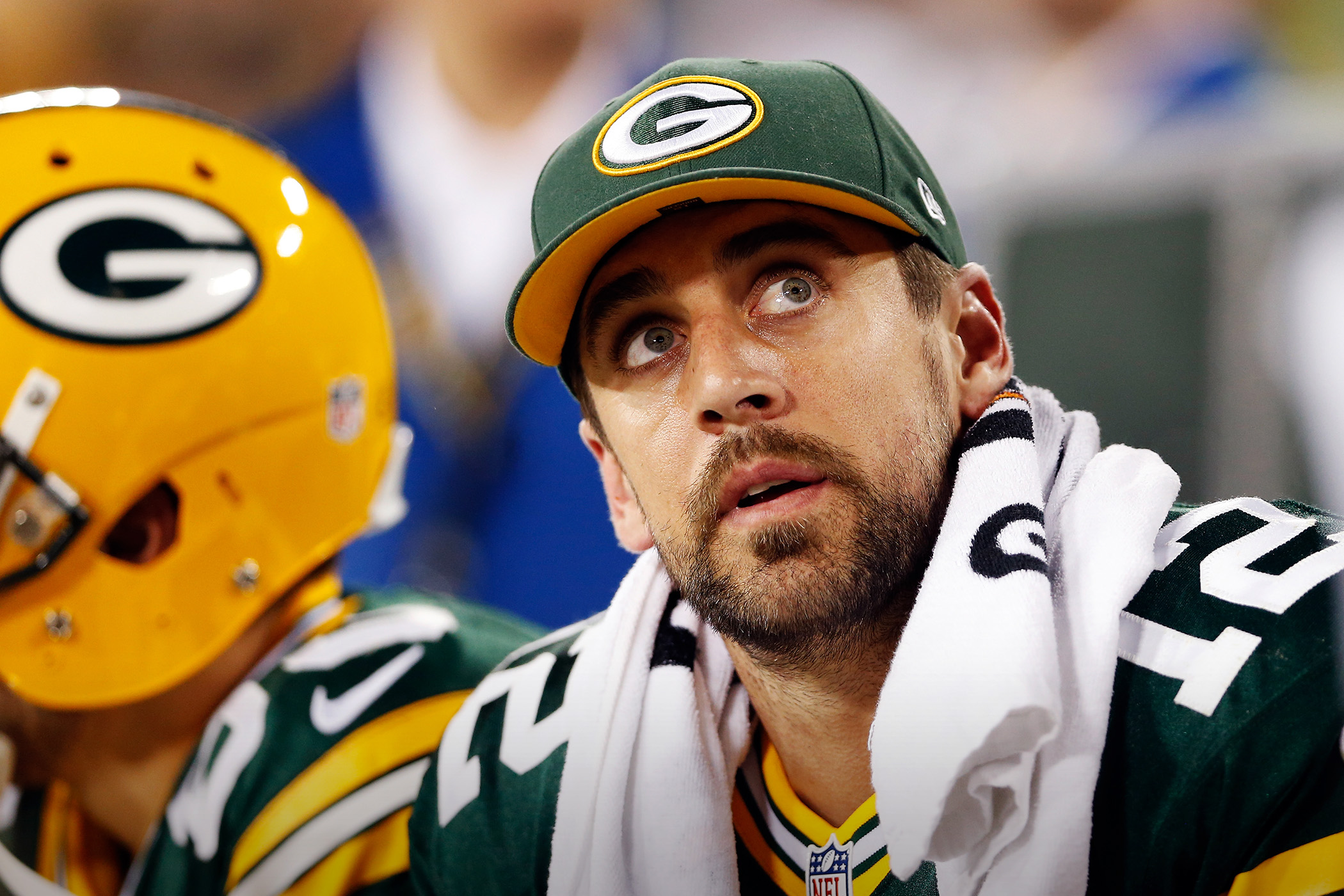 Getty Images - Aaron Rodgers #12 of the Green Bay Packers looks on