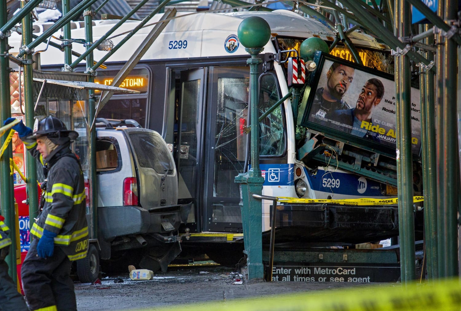 Several cars struck by MTA bus, stacked on top of each other in