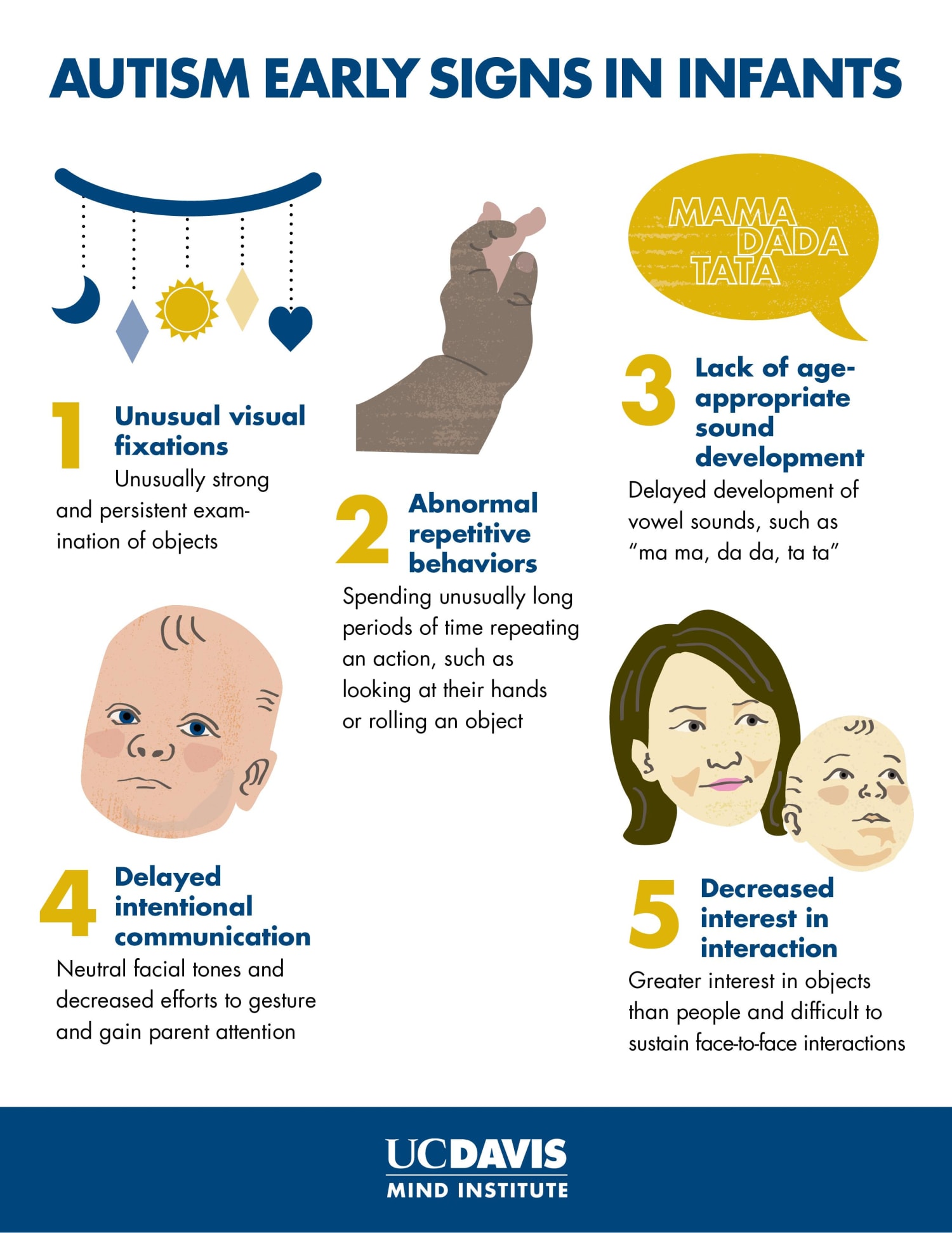 What are the 3 main symptoms of autism in babies?