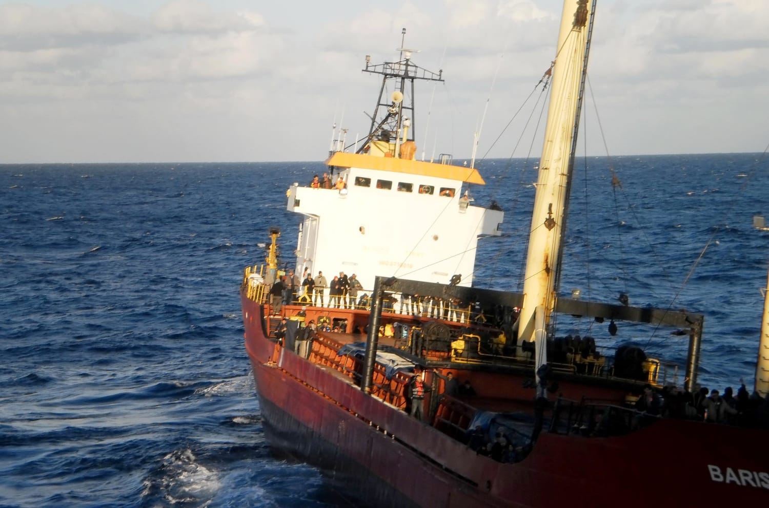 Greek Navy Ship Tows Migrant-Packed Freighter Baris to Safety