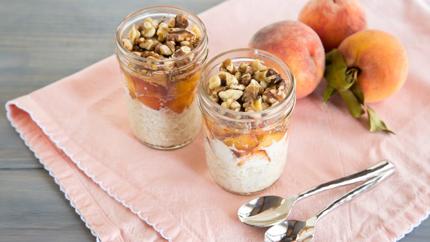 Nutty Peaches and Cream Overnight Oats in a Mason Jar