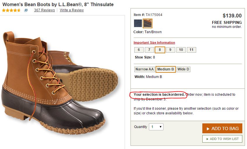 ll bean boots backorder