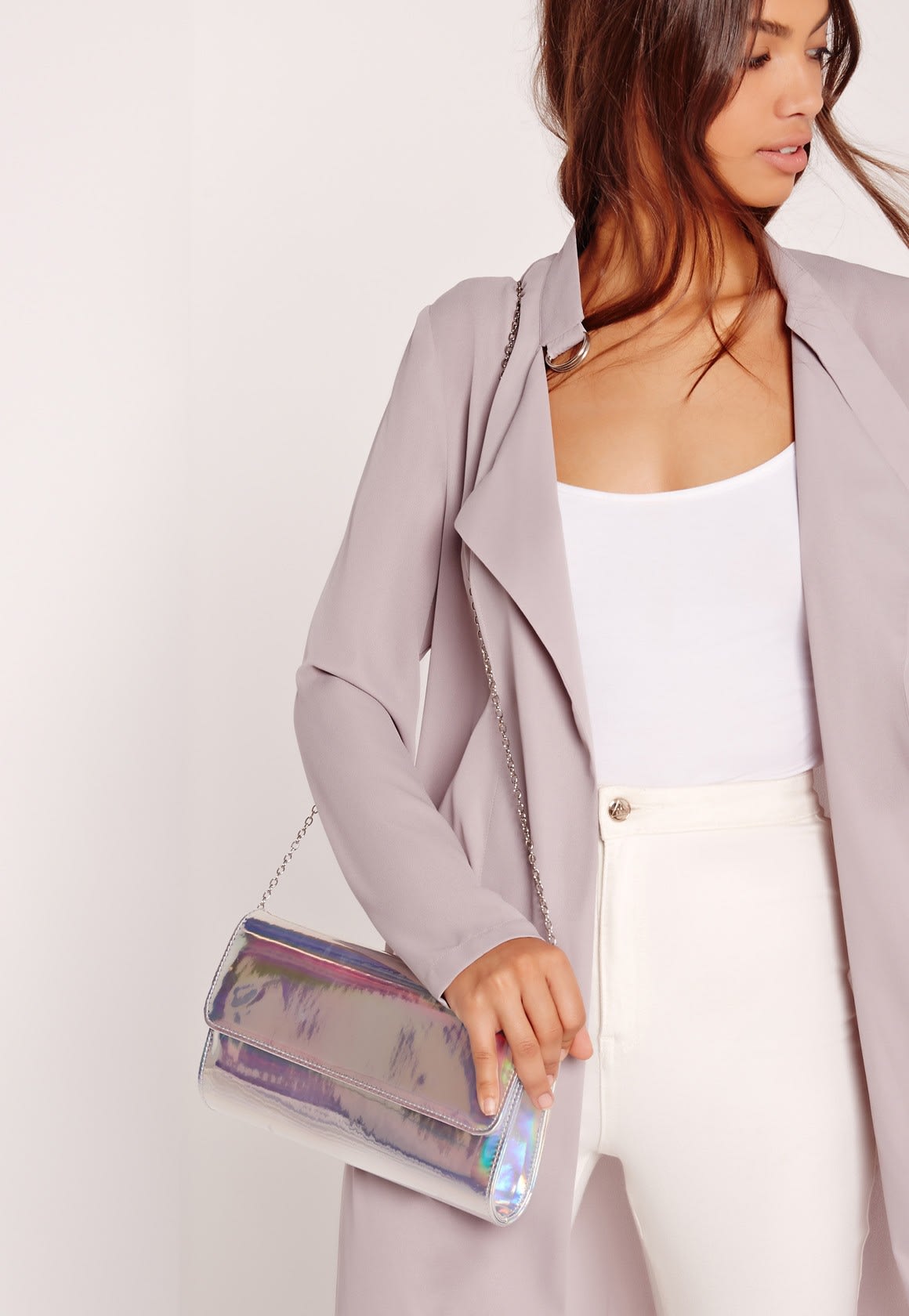 missguided holographic silver clutch