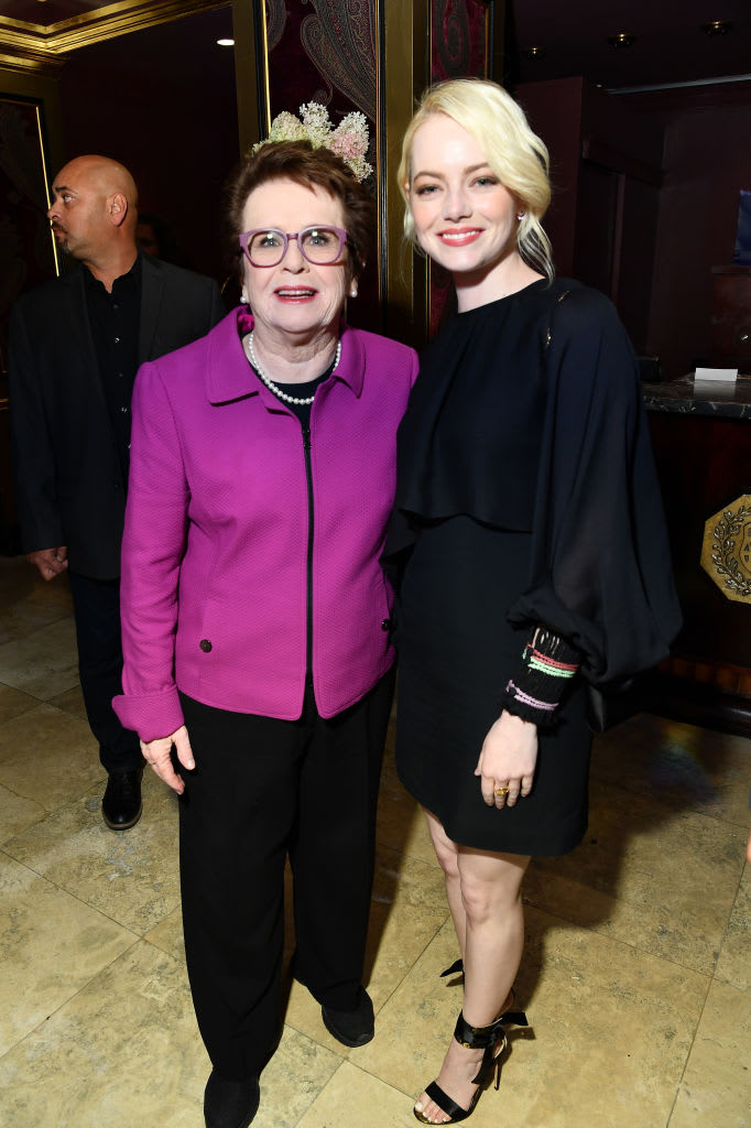 Emma Stone in costume as Billie Jean King on set of Battle Of The