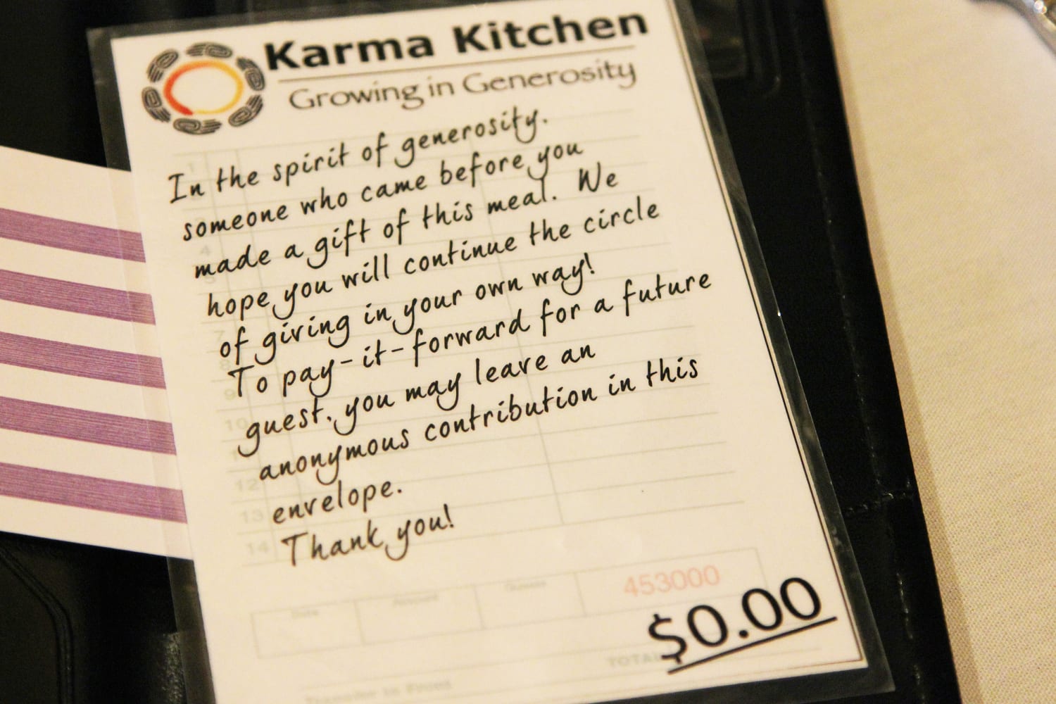 Karma Kitchen check showing $0.00 total