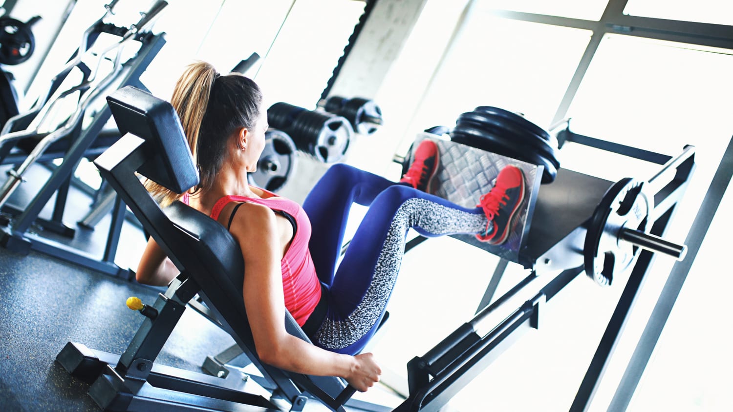 Yoga exercise 'standing scale' in the fitness room, Stock Photo