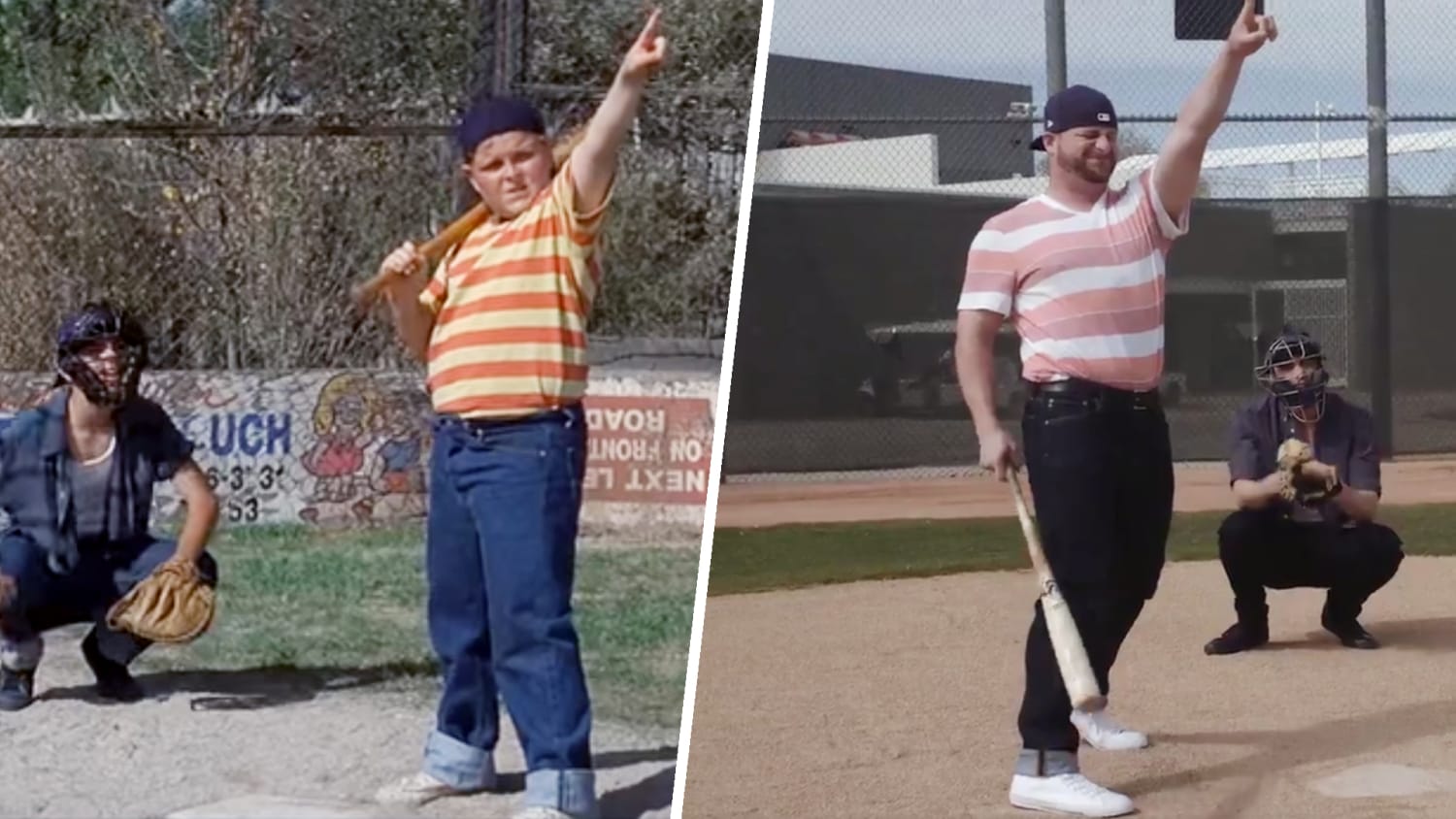 Patrick Renna throws out the first pitch during a cast reunion of the 'The  Sandlot' to celebrate the movie's 25th anniversary before the game between  the Los Angeles Dodgers and the San
