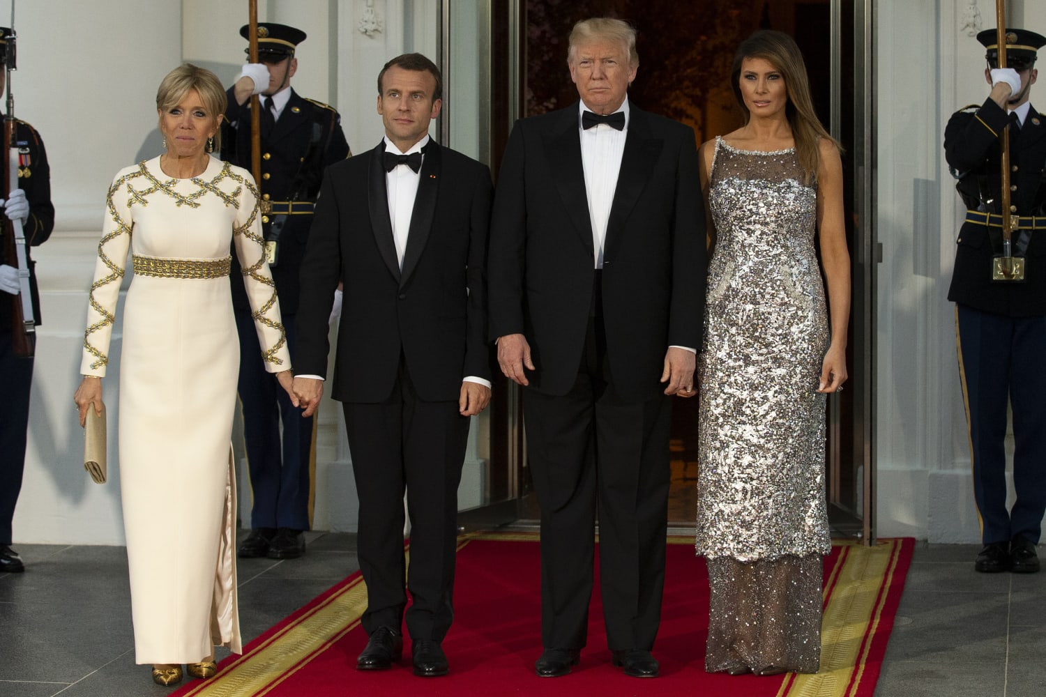 France's First Lady Pops in Red Dress & Graphic Block Heels With Melania  Trump