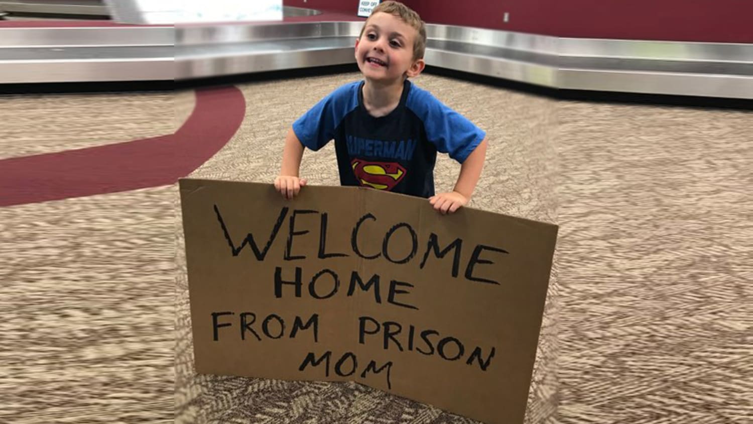 Son tricks mom with 'Welcome home from prison' sign at airport