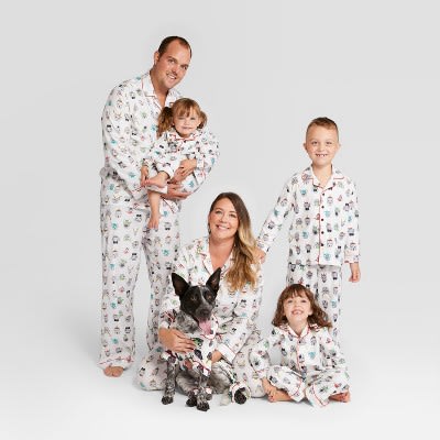 holiday matching pajamas with dog