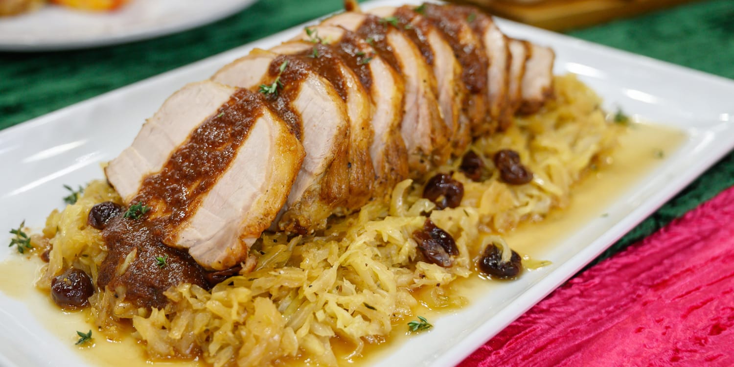 Lidia Bastianich S Roasted Pork Loin With Cabbage And Dried Cherry