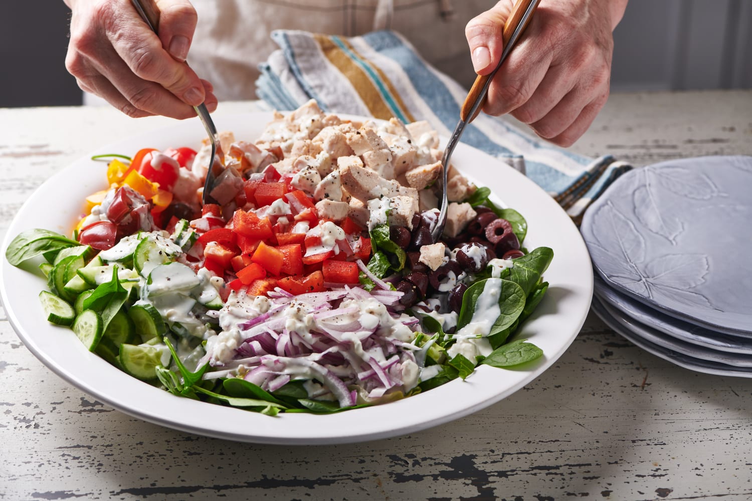Chopped salad with chicken and blue cheese dressing Chopped salad with chicken and blue cheese dressing