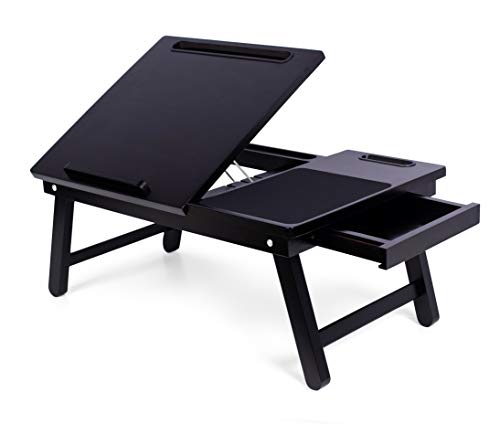 Black Foldable Adjustable Lap Desk for Home Office with Device Ledge and Cup Holder Portable Laptop Stand for Bed with 5 Adjustable Angles. 