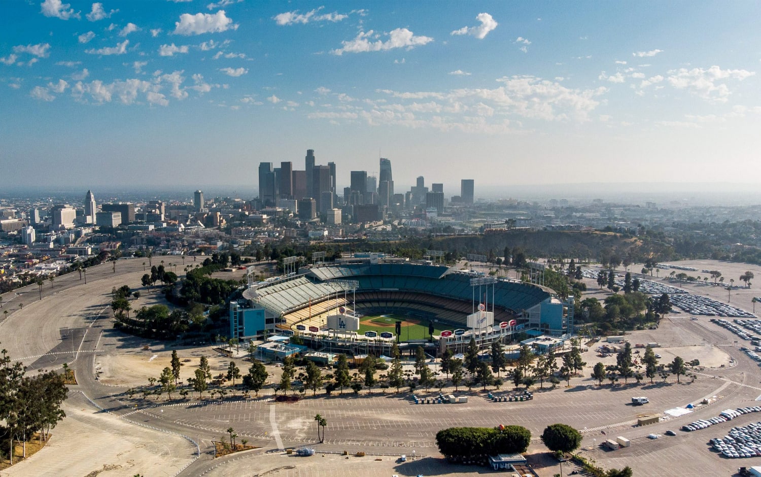 Dodger Stadium with the city of Los Angeles in the background.