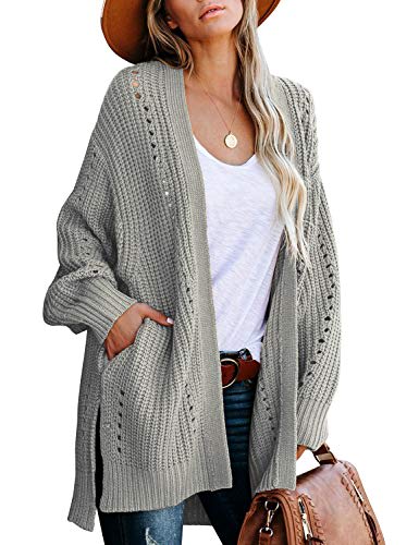 Cassiecy Womens Long Sleeve Knit Open Front Cardigan Mid-Length Warm Casual Cardigan Sweater with Pockets 