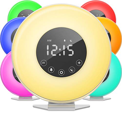 7 Nature Sounds & Snooze Sleep Aid Digital Alarm Clock for Heavy Sleepers Adults Kids 7 Colors Night Light 4 Alarms with FM Radio Sunrise Alarm Clock Smart Wake Up Light Work with Alexa 