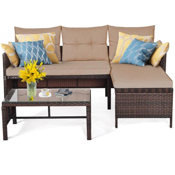 Brown with Beige Cushions Wicker Patio Furniture Sets Patio Conversation Set 3-Pieces Table and Two Cushions Furgle Outdoor Furniture Set with Two Outdoor Chairs 