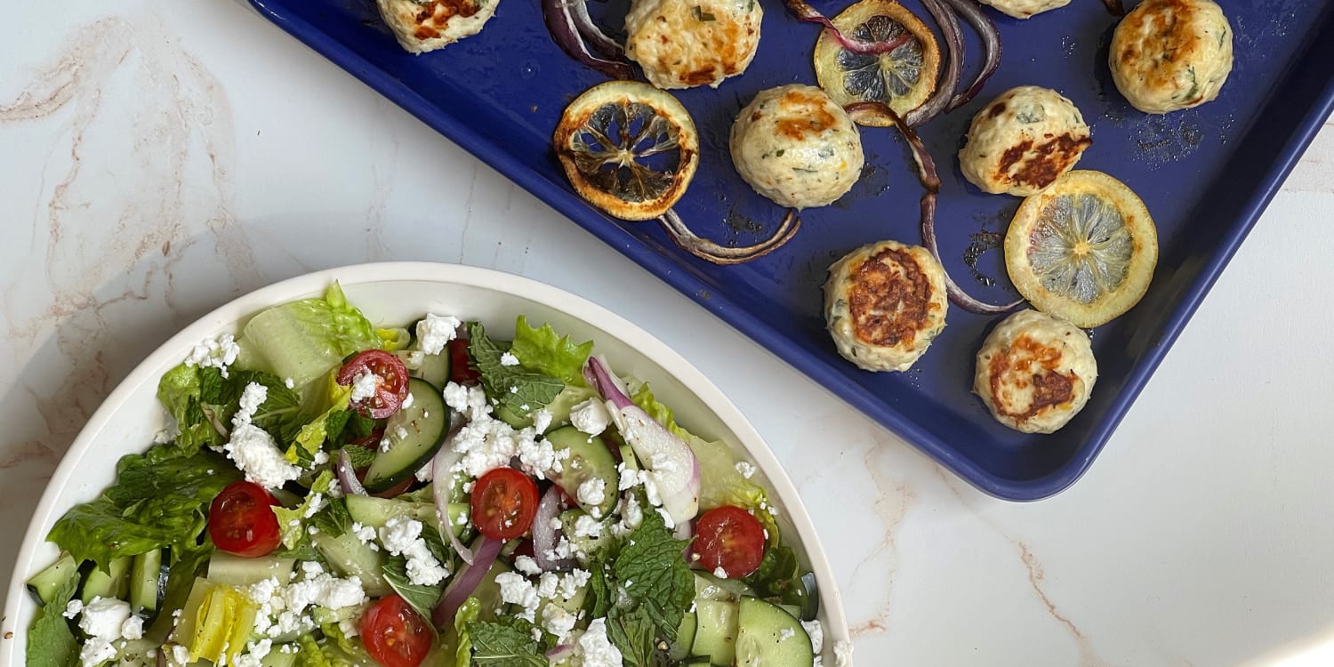 These lean chicken meatballs are inspired by Greek salad