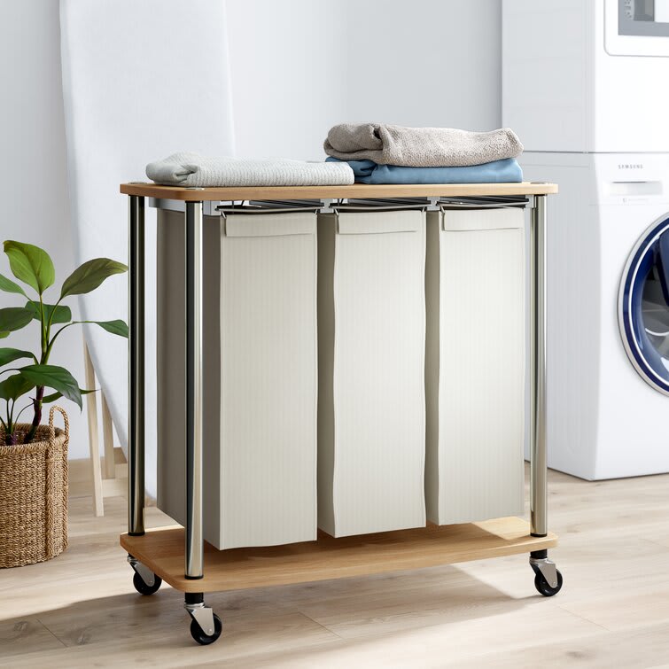 Moon_Daughter 29 x 29 x 18 Movable Laundry Hamper Cart Ironing Board on Wheels Clothes Sorter 3 Bins 