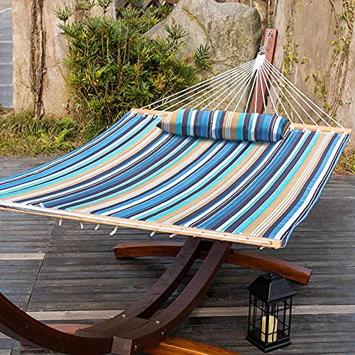 A Iron Frame Wide Solid Hammock,MKLEKYY Camping Hammock,Patio Yard Beach Outdoor Double Hammock,with Space Saving Steel Stand,up to 450 pounds,Includes Portable Carrying Case,Desert Stripe 