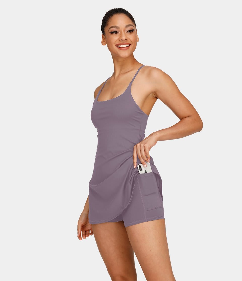 Women Exercise Workout Dress with Built-in Shorts Sleeveless