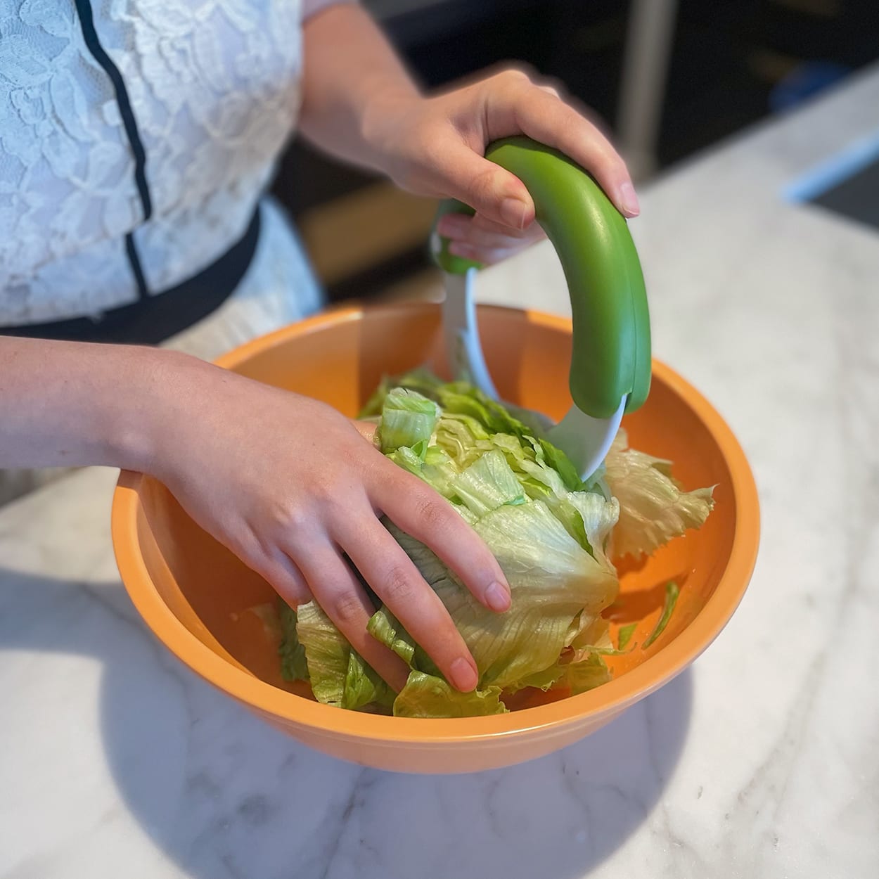 This lettuce chopper makes everything into bite size pieces so you get