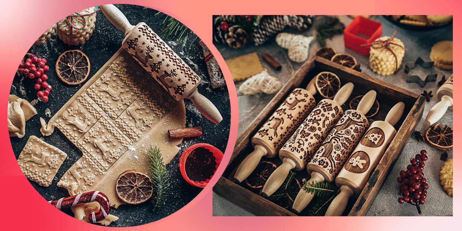 35x5cm Kitchen Tools to Make Cookie Dough and One Cookie Mould as Gift Engraved Embossing Rolling Pins Christmas Wooden Carved Reindeer Rolling Pin 