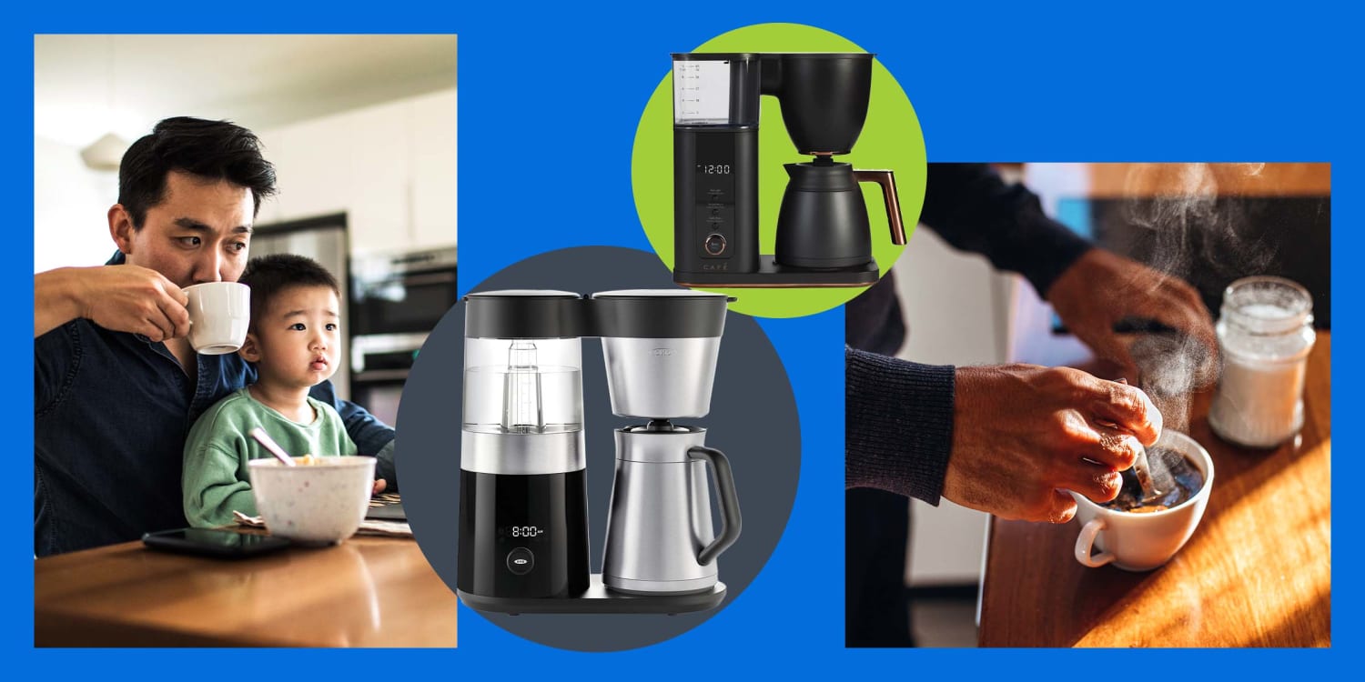 A father and son making coffee and enjoying it with sleek design coffee makers.