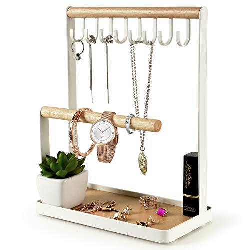 Watches Desk Organizer Yuntec Jewelry Organizer Display Stand Holder with Wooden Ring Tray and Hooks Storage Necklaces Bracelets Rings 