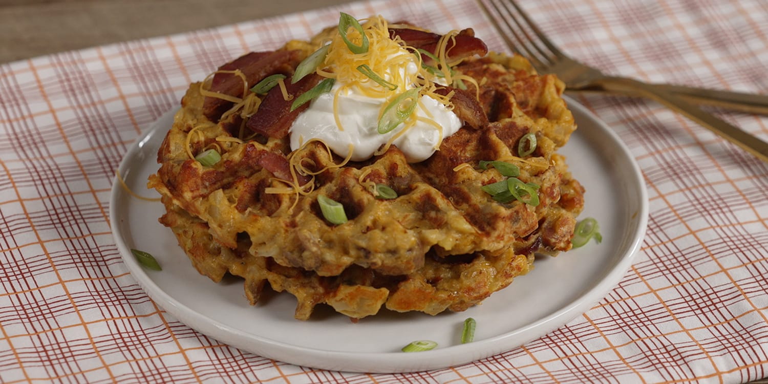 Crispy loaded potato waffles are the ultimate game day snack