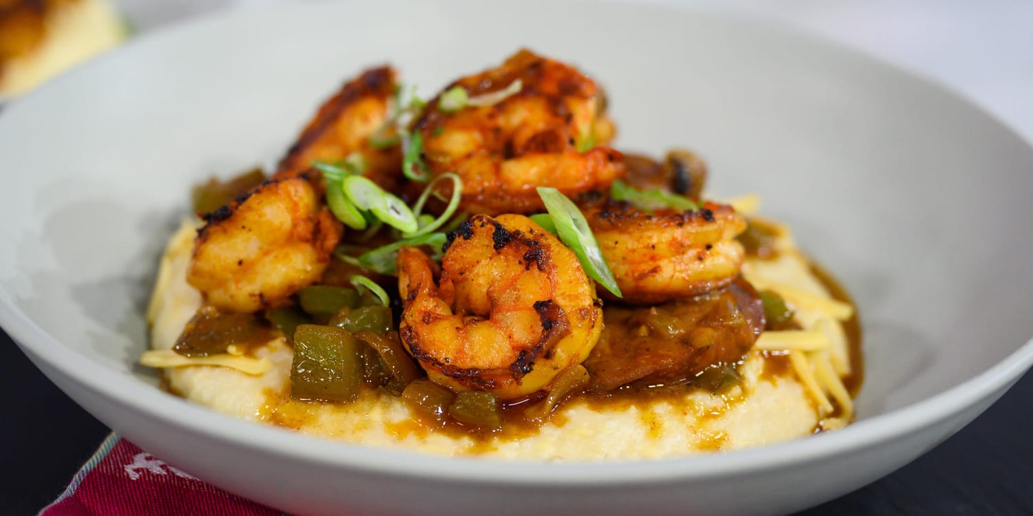 Top cheesy grits with barbecue shrimp for a smoky Southern dinner