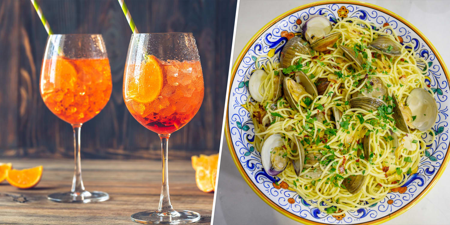 Dine alfresco with spaghetti with clams and an Aperol spritz
