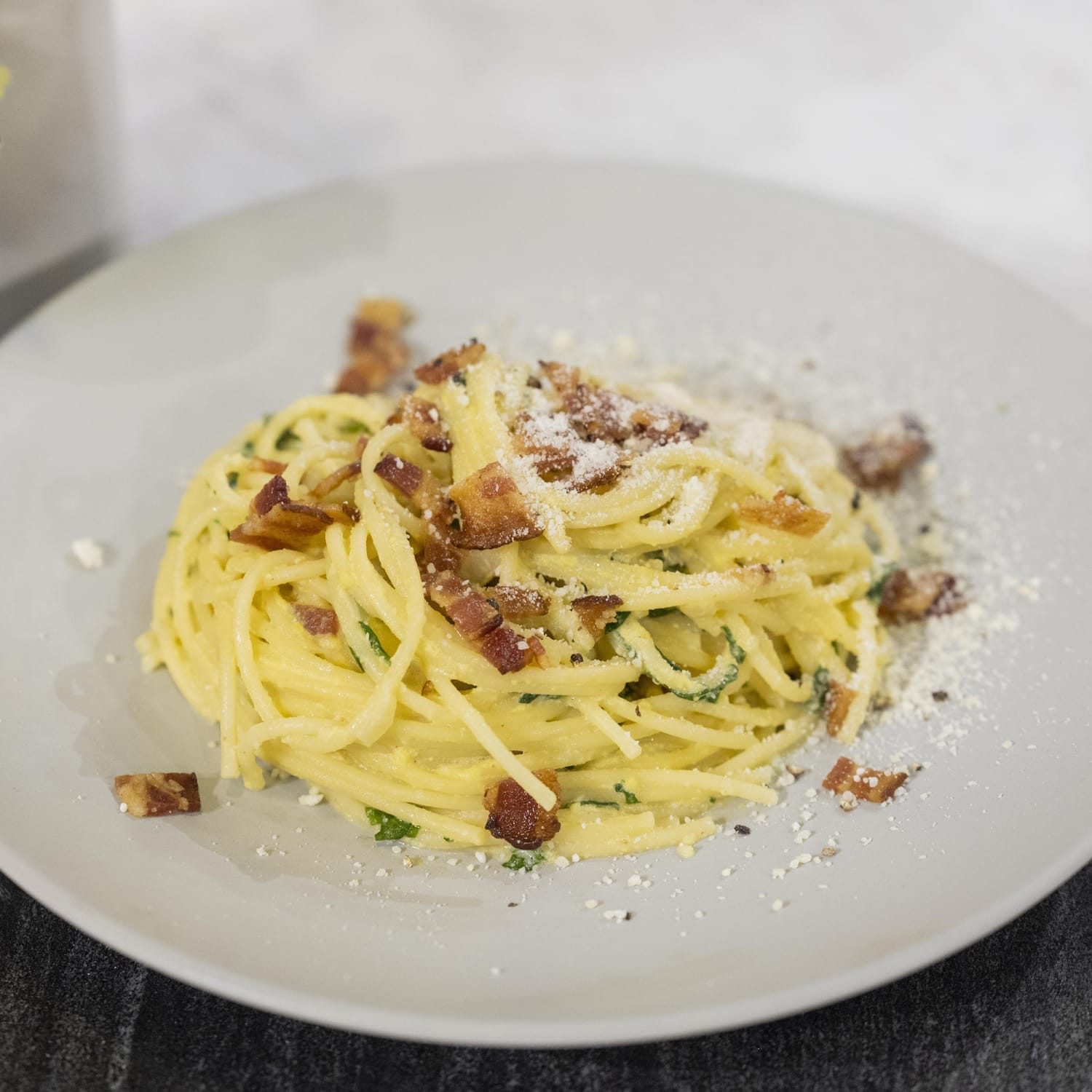 Spaghetti Carbonara with Greens and Herbs Recipe