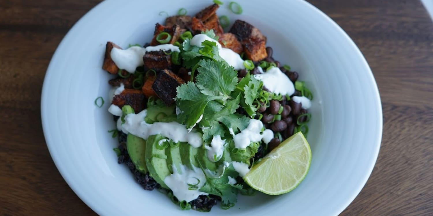 Make a black sticky rice bowl with roasted vegetables for spooky dinner