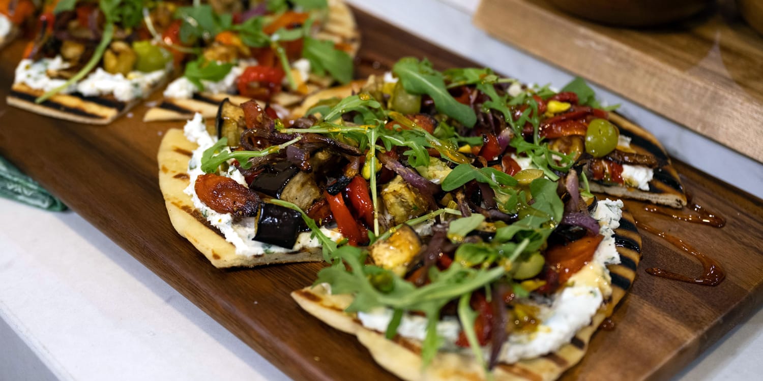 Use roasted veggies to make flatbread with herbed goat cheese and hot honey