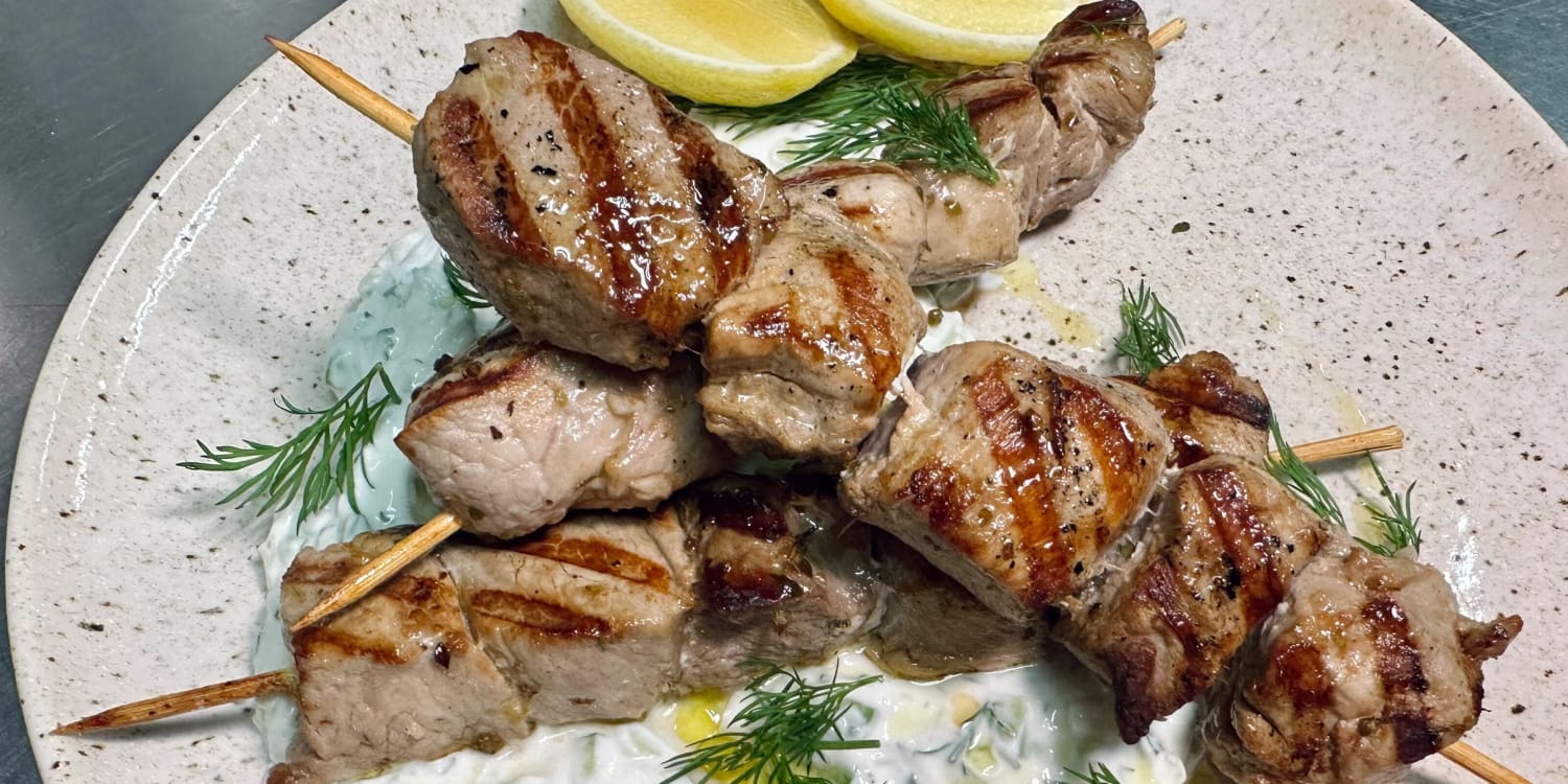 Get Gaby Dalkin's recipe for pork souvlaki with tzatziki