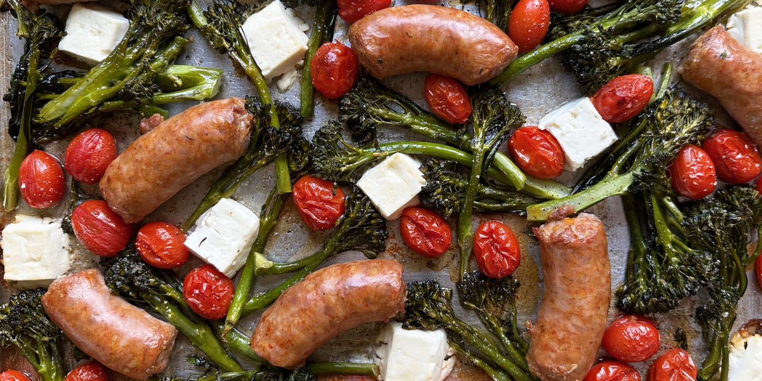 Balsamic-glazed sheet-pan sausage, fennel, and baby broccoli
