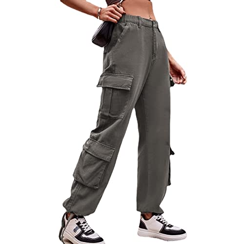 Women's Cargo Pants Chic High Waist Straight Trousers Chic Big Pockets Cargo  Jeans Retro Denim Joggers for Daily Sports UTR