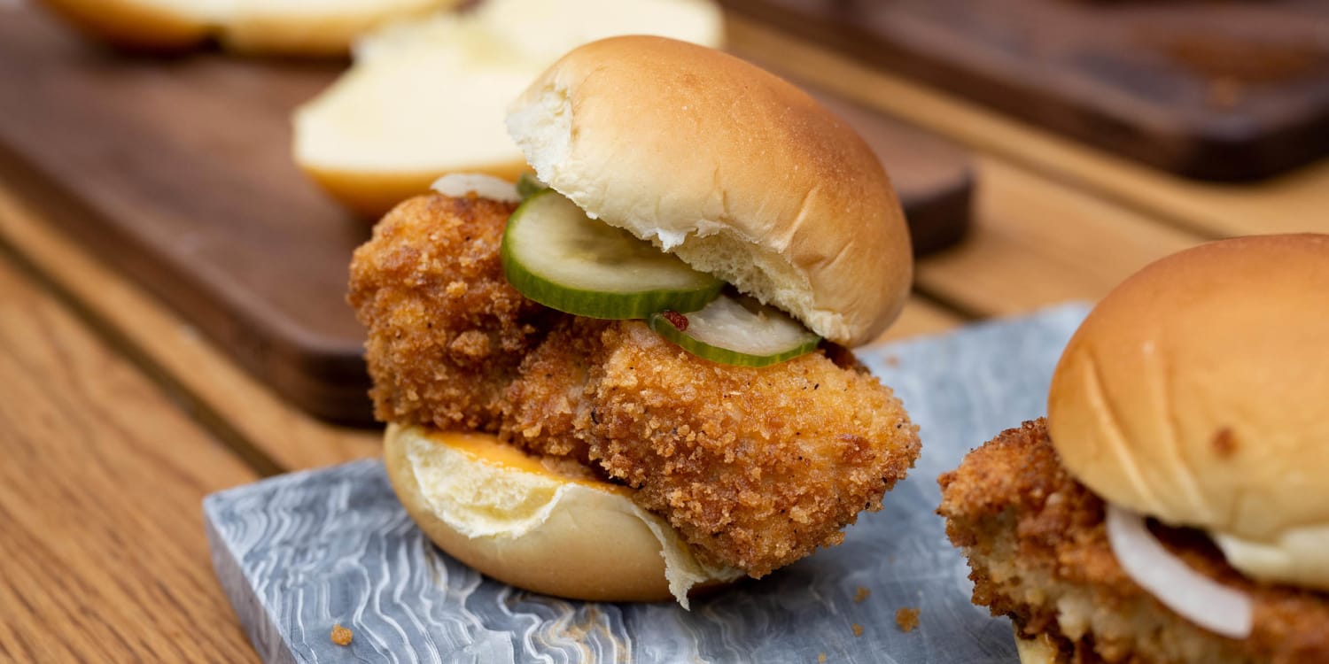 Gochujang barbecue sauce adds a kick to crispy fried chicken sliders