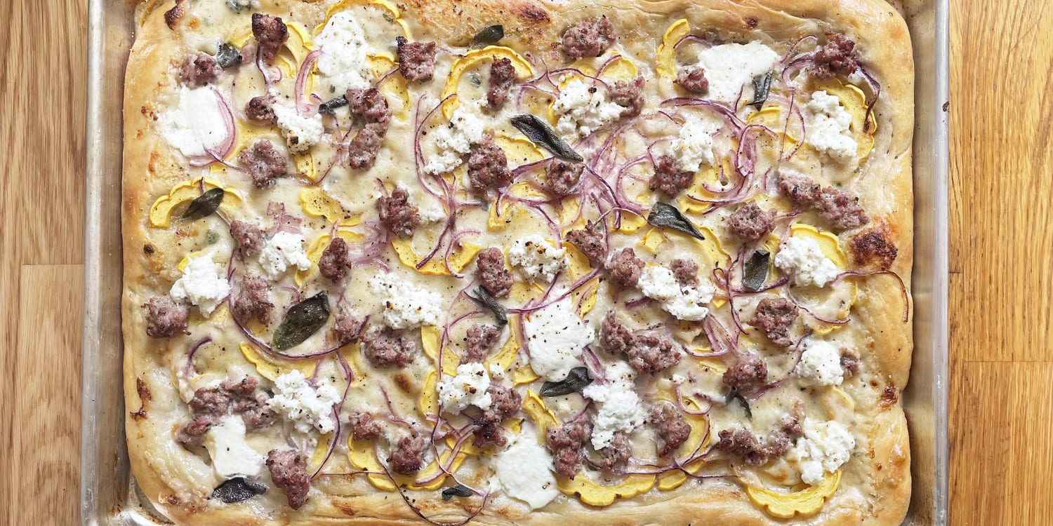An easy fall sheet-pan pizza featuring sausage and squash